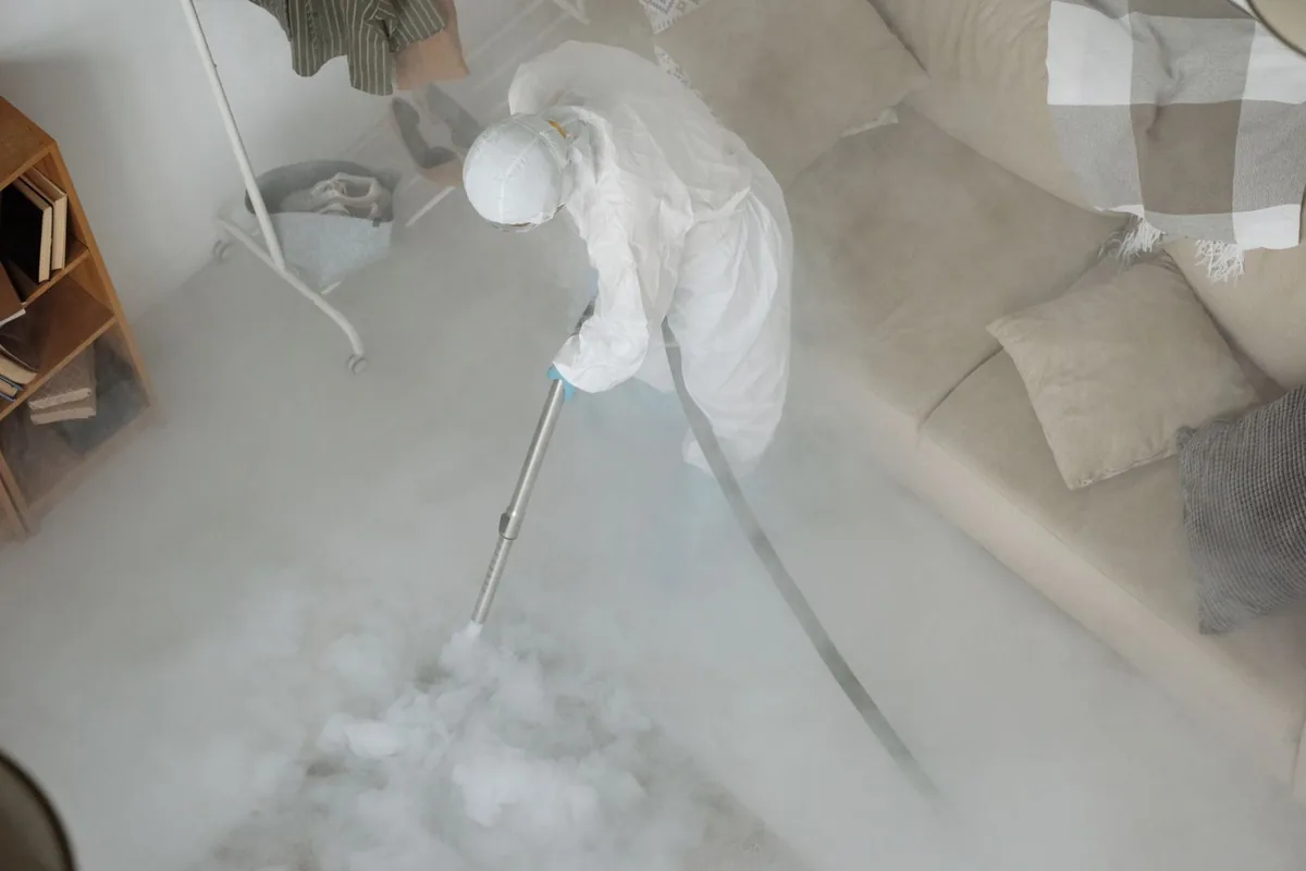 Biohazard cleanup technician in protective equipment, Glendora, NJ